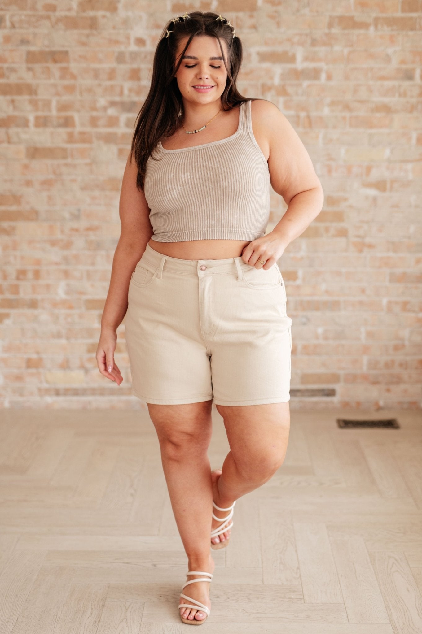 Greta High Rise Garment Dyed Shorts in Bone - Hey Hunni LLC