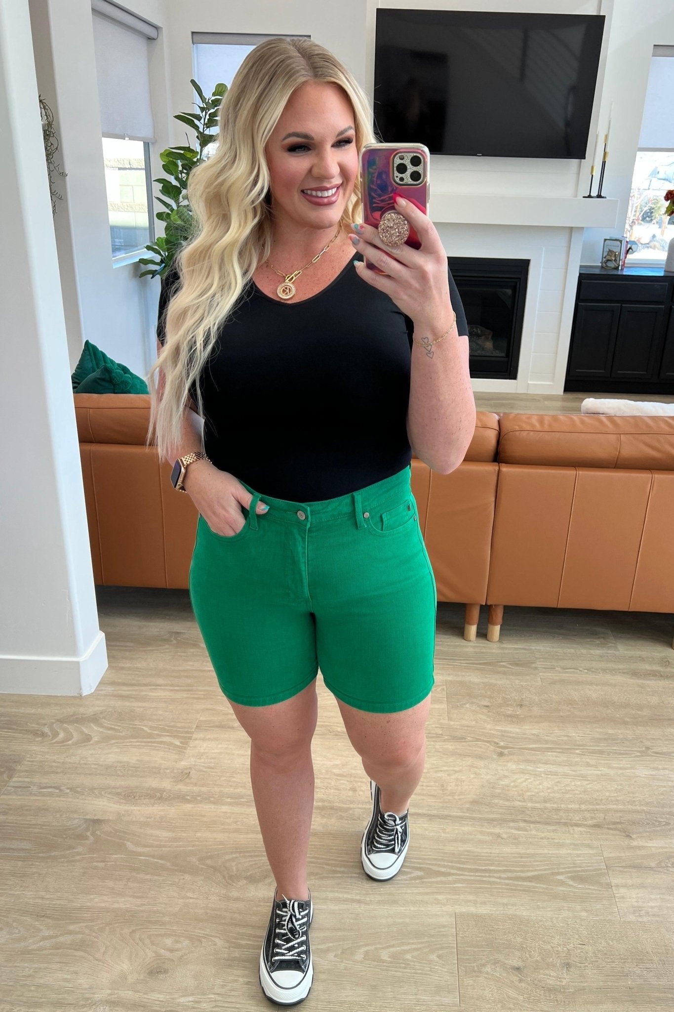 Jenna High Rise Control Top Cuffed Shorts in Green - Hey Hunni LLC