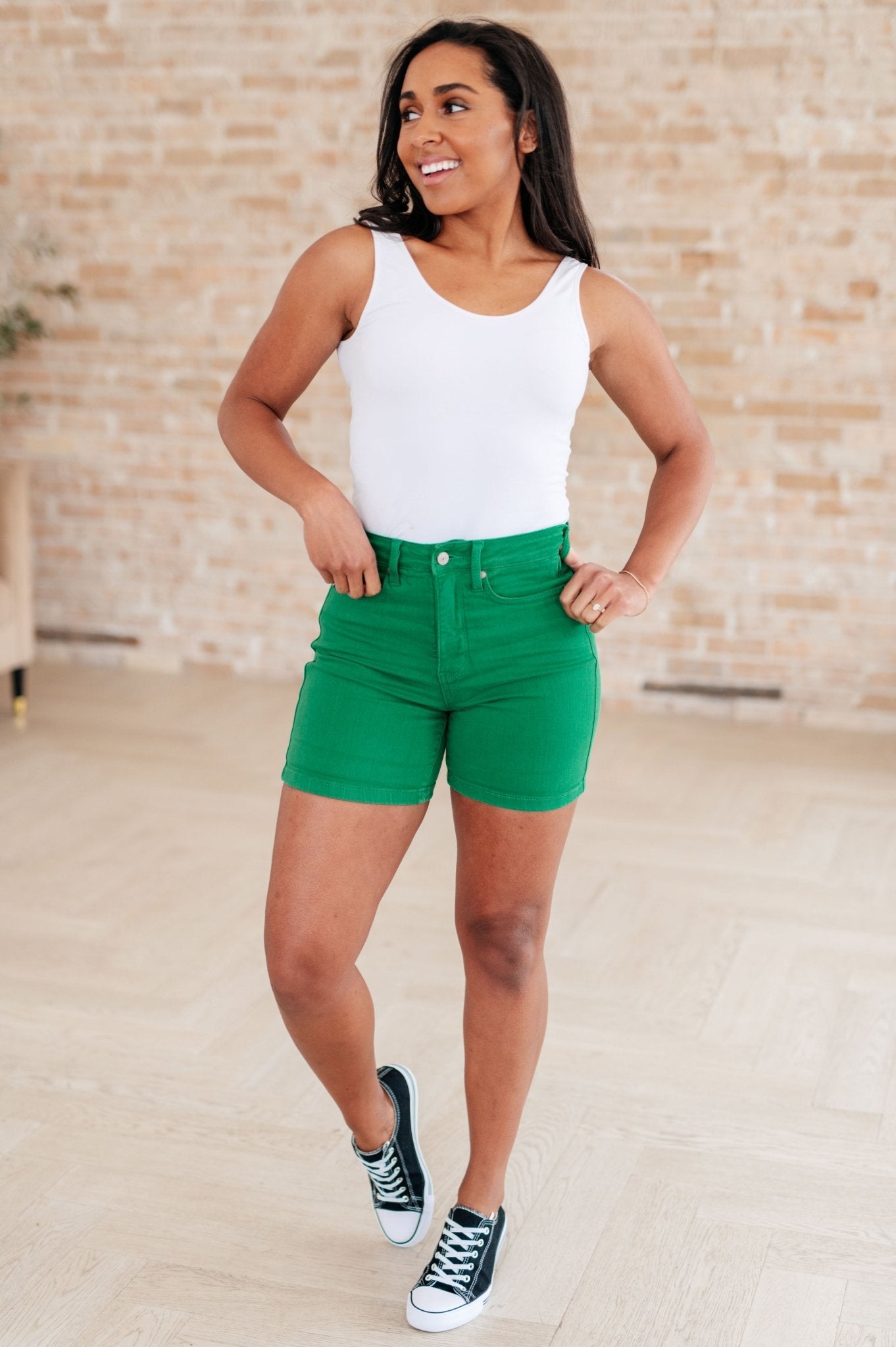 Jenna High Rise Control Top Cuffed Shorts in Green - Hey Hunni LLC