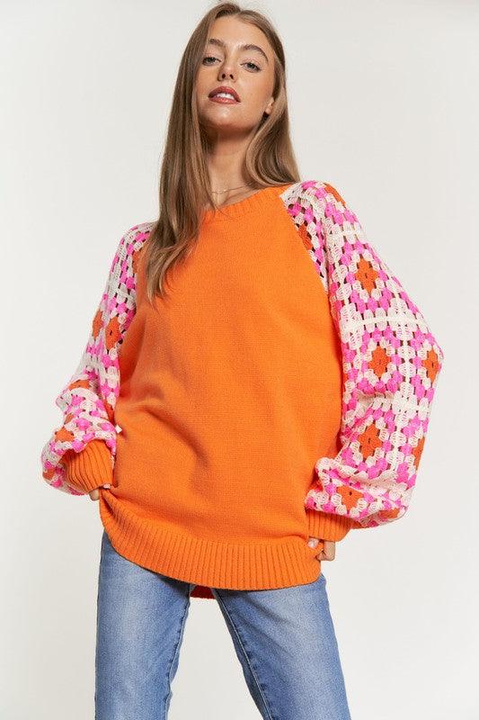 Knit Crochet Detail Sleeve Sweater - Hey Hunni LLC