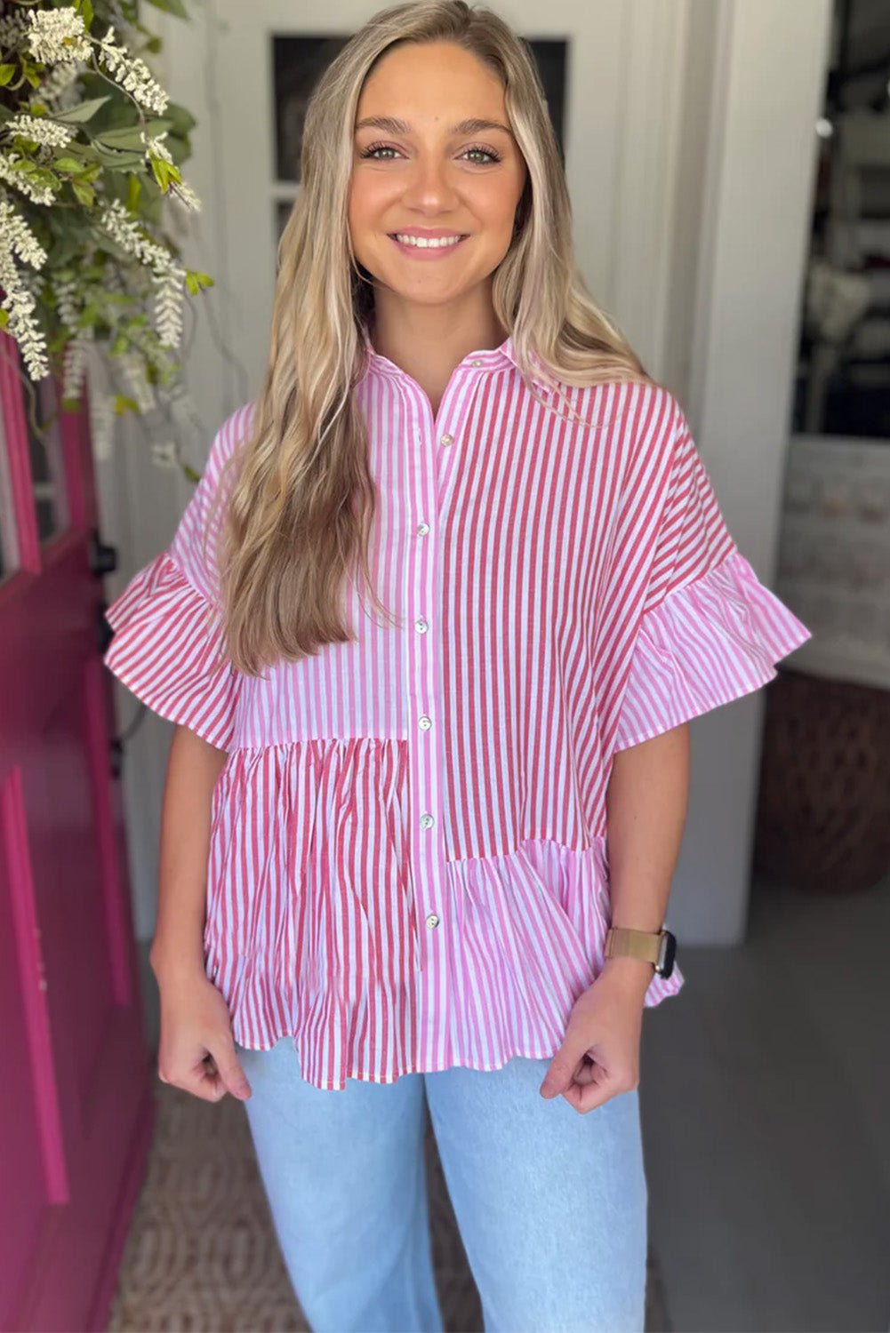 Pink Stripe Striped Patchwork Ruffled Hem Button up Shirt - Hey Hunni LLC