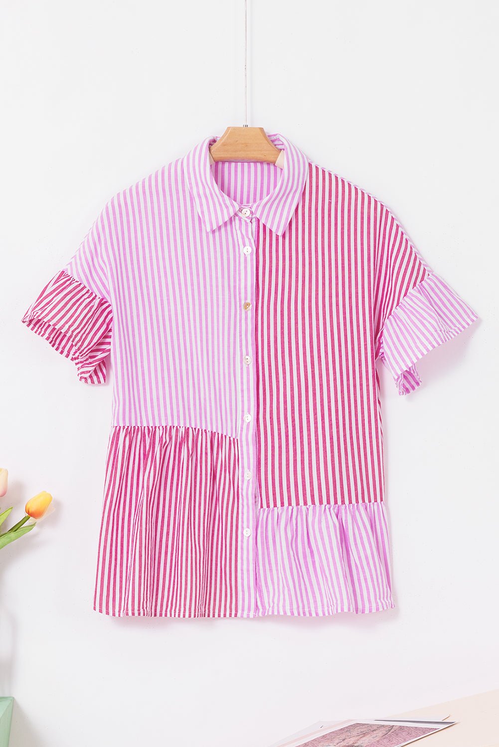 Pink Stripe Striped Patchwork Ruffled Hem Button up Shirt - Hey Hunni LLC