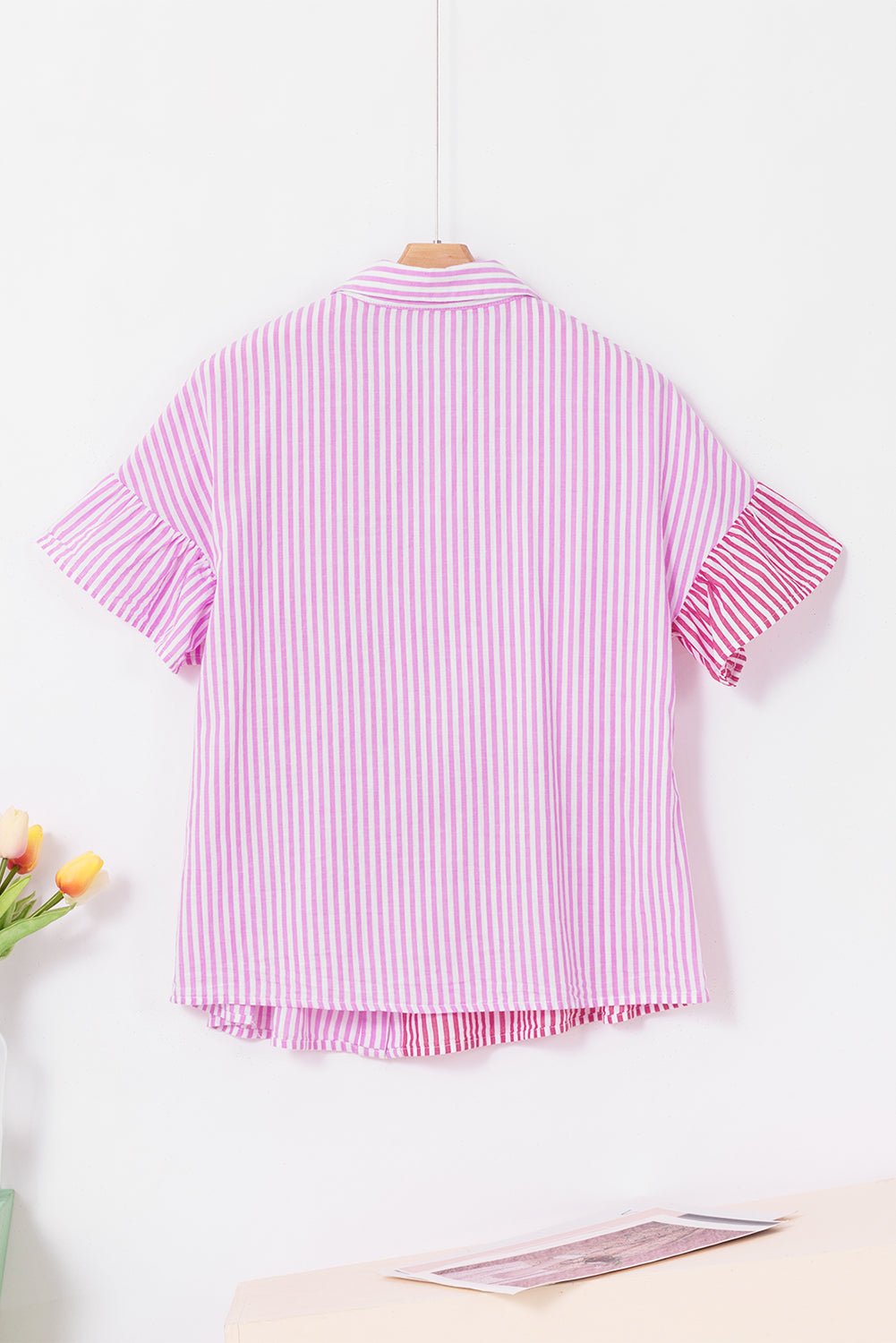 Pink Stripe Striped Patchwork Ruffled Hem Button up Shirt - Hey Hunni LLC