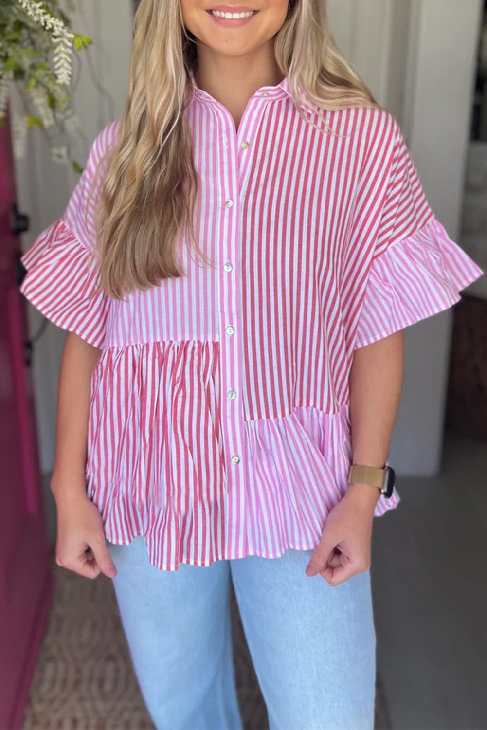 Pink Stripe Striped Patchwork Ruffled Hem Button up Shirt - Hey Hunni LLC