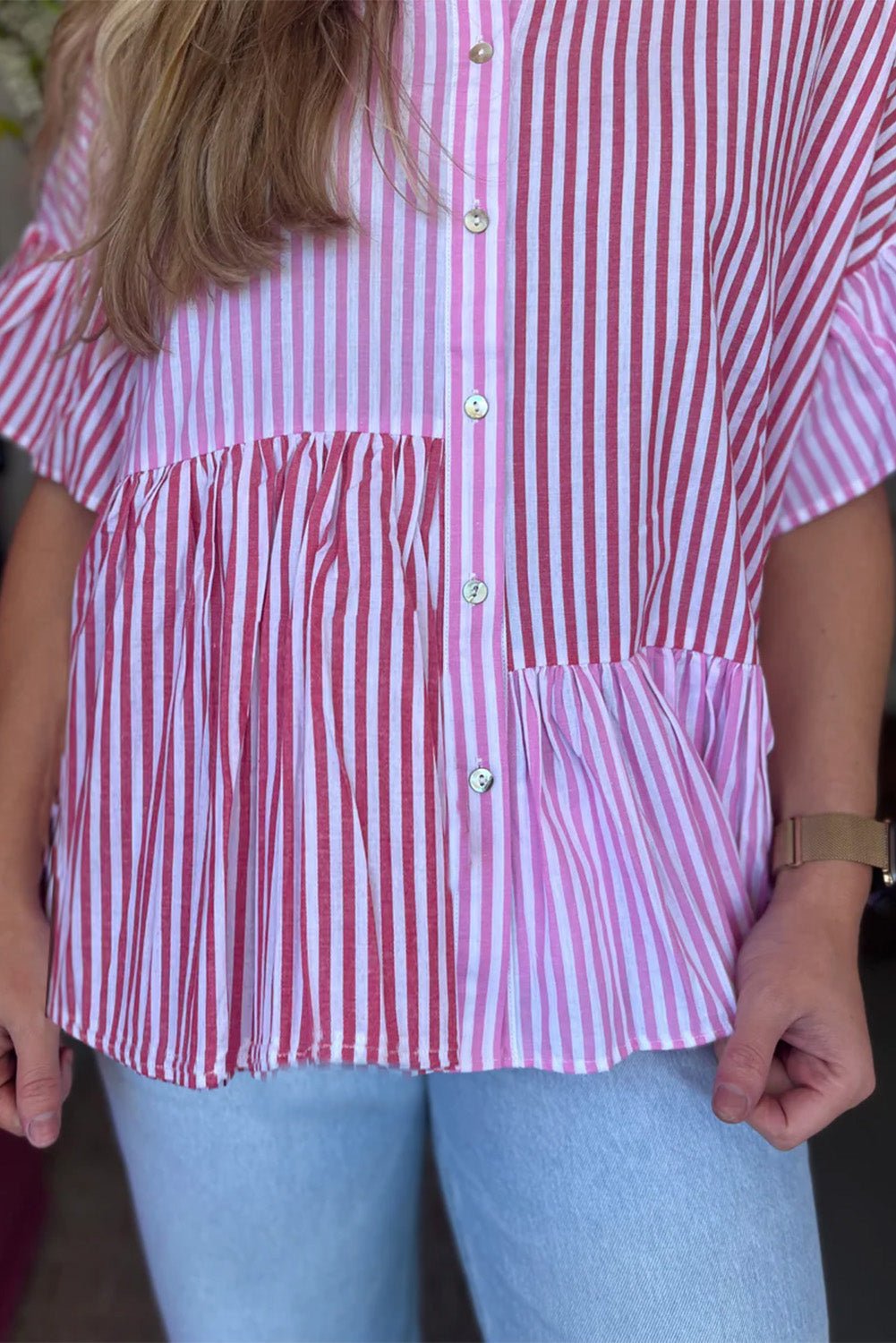 Pink Stripe Striped Patchwork Ruffled Hem Button up Shirt - Hey Hunni LLC