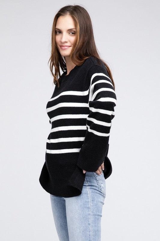 Ribbed Hem Stripe Sweater - Hey Hunni LLC