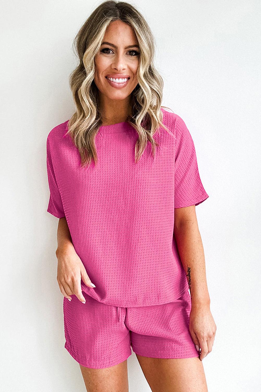 Rose Red Casual Textured Tee and Drawstring Shorts Set - Hey Hunni LLC