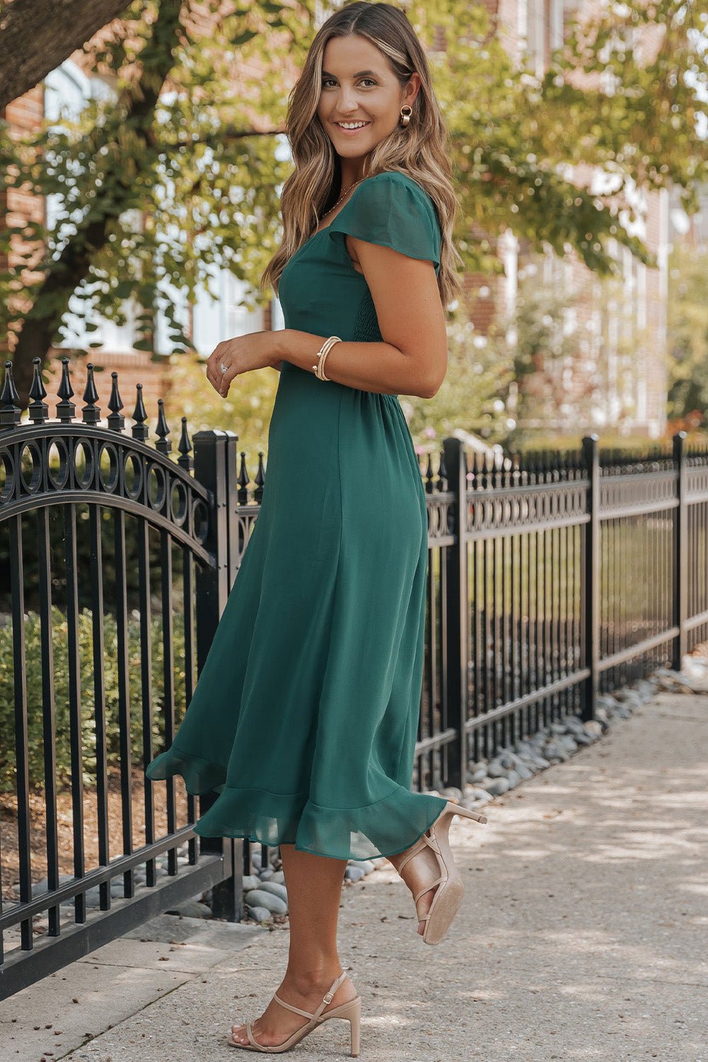 Sea Green Shirred Open Back Sweetheart Neck Ruffled Midi Dress - Hey Hunni LLC