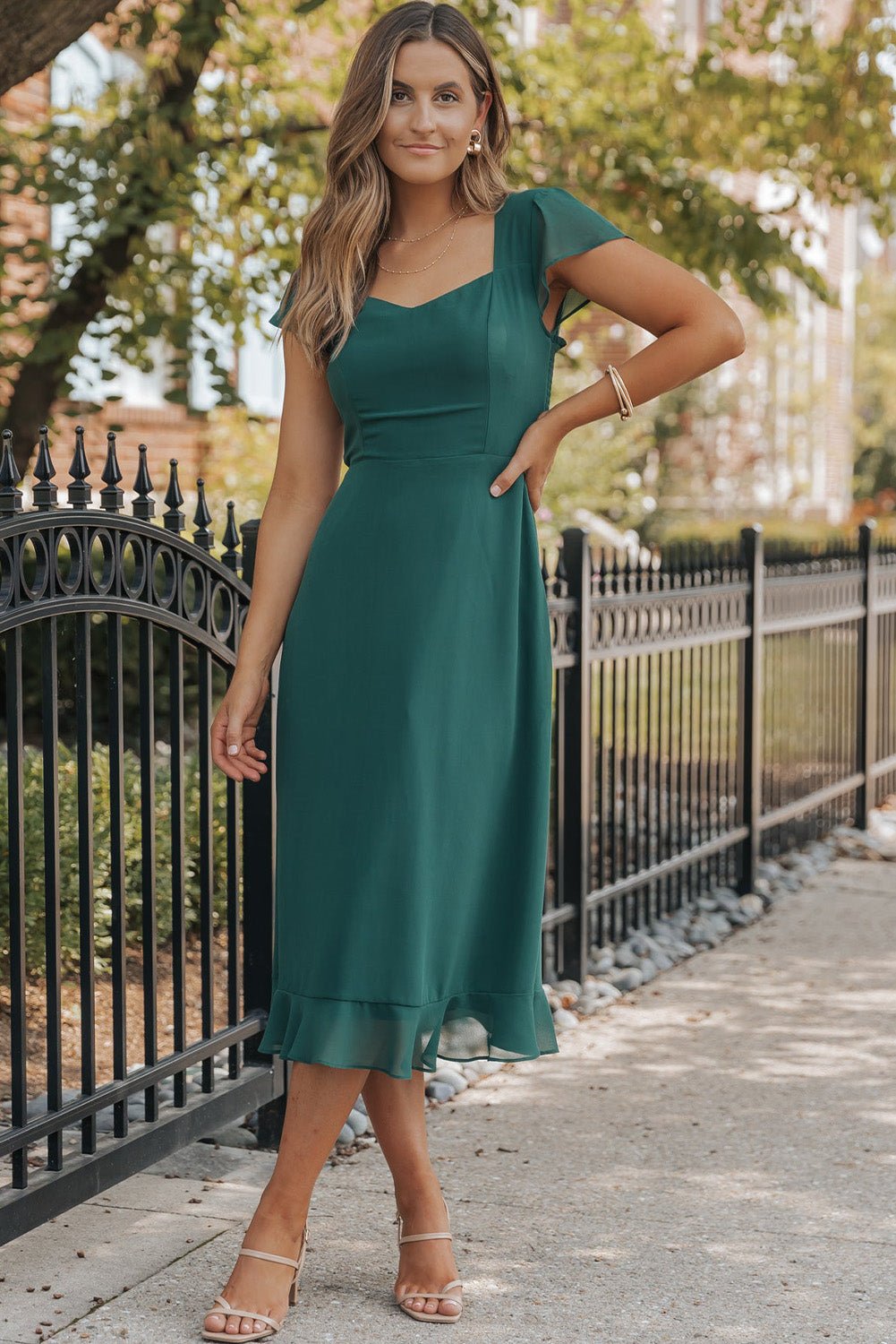 Sea Green Shirred Open Back Sweetheart Neck Ruffled Midi Dress - Hey Hunni LLC