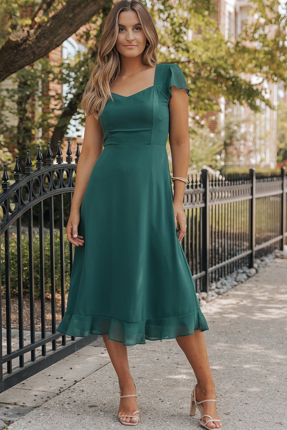 Sea Green Shirred Open Back Sweetheart Neck Ruffled Midi Dress - Hey Hunni LLC