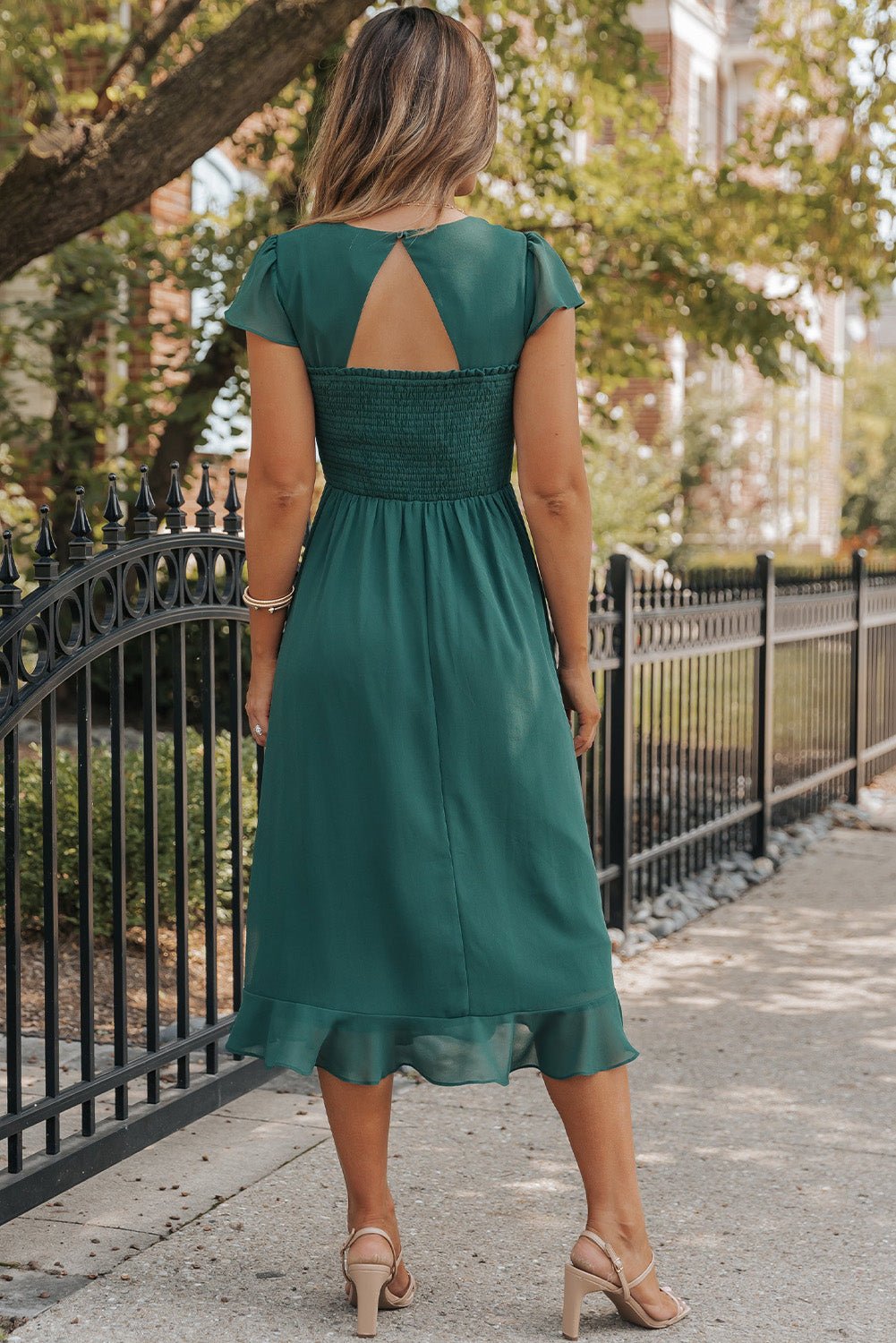 Sea Green Shirred Open Back Sweetheart Neck Ruffled Midi Dress - Hey Hunni LLC