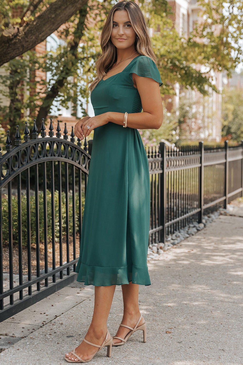 Sea Green Shirred Open Back Sweetheart Neck Ruffled Midi Dress - Hey Hunni LLC