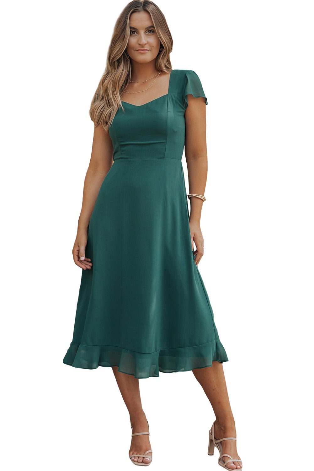 Sea Green Shirred Open Back Sweetheart Neck Ruffled Midi Dress - Hey Hunni LLC