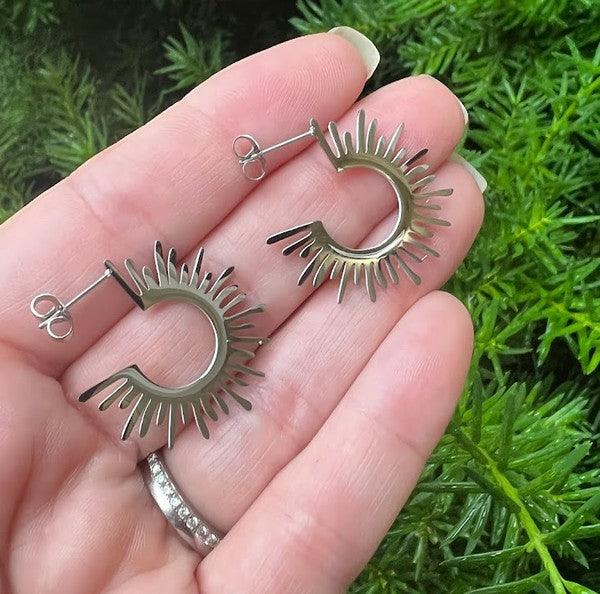 Silver Sunburst Metal Hoop Earrings - Hey Hunni LLC