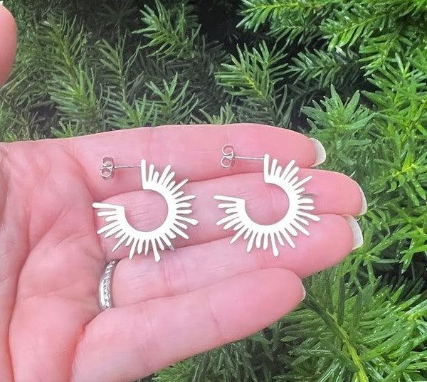 Silver Sunburst Metal Hoop Earrings - Hey Hunni LLC